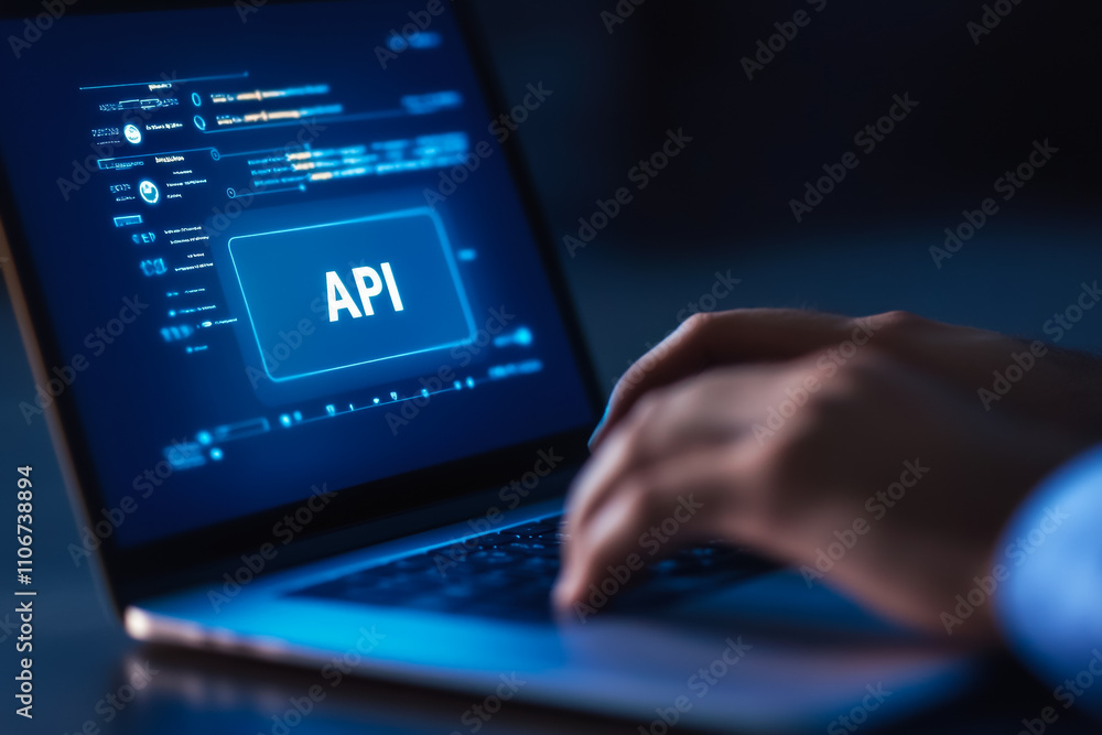 Poster close-up of hands typing on laptop with api interface on screen