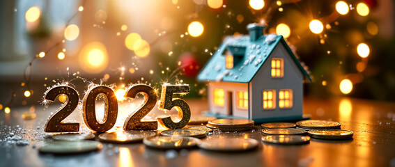 golden 2025 numerals with miniature house coins