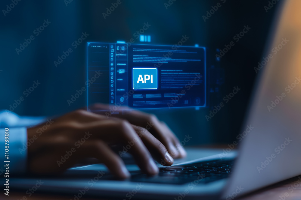 Poster male hands typing on laptop with api interface hologram displayed over keyboard