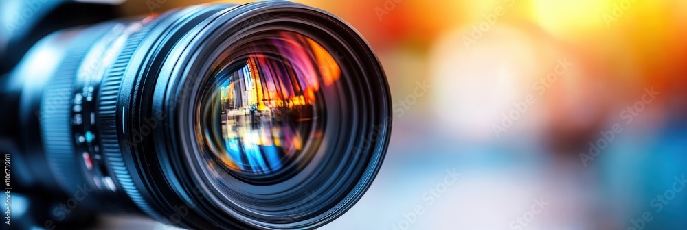 Poster close-up view of a professional camera lens with colorful reflections capturing light and landscape 