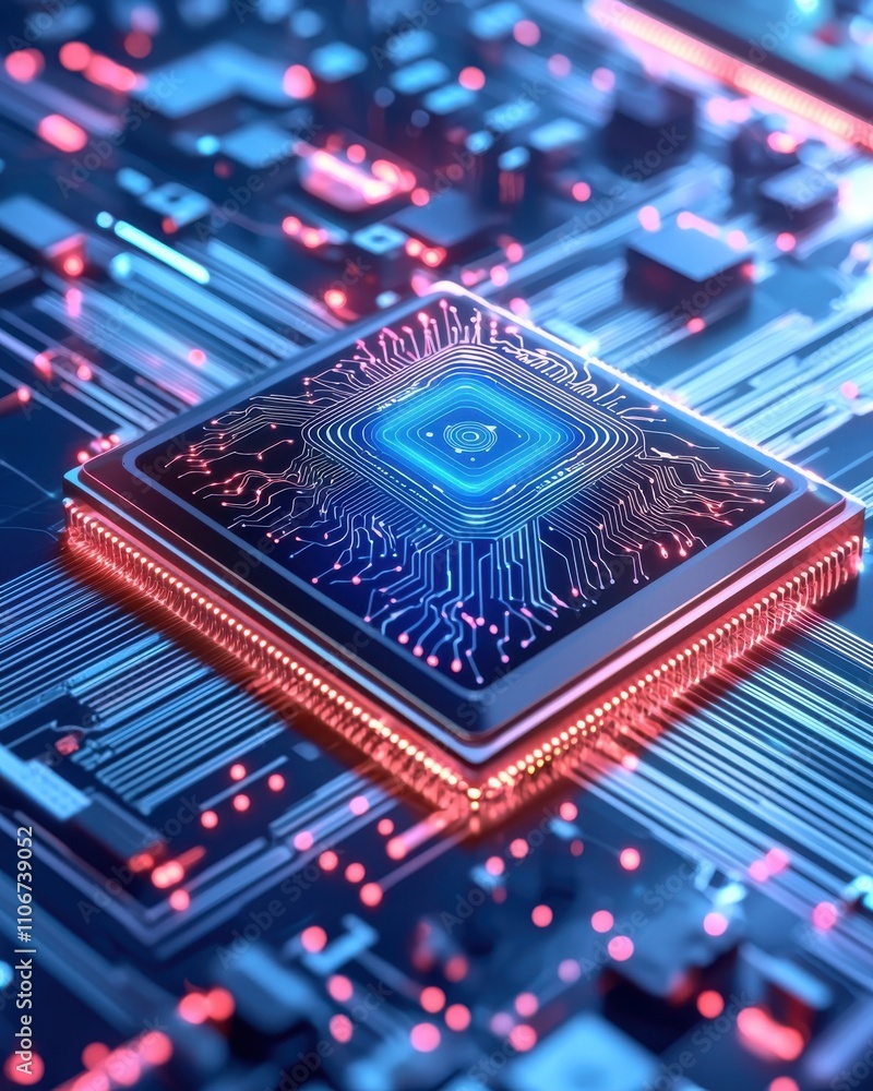 Poster a blue and orange electronic circuit board with a processor on it