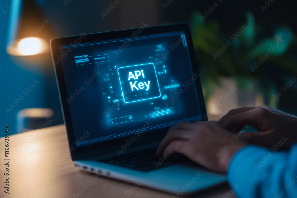Poster hands typing on laptop with glowing api key on screen in dark room