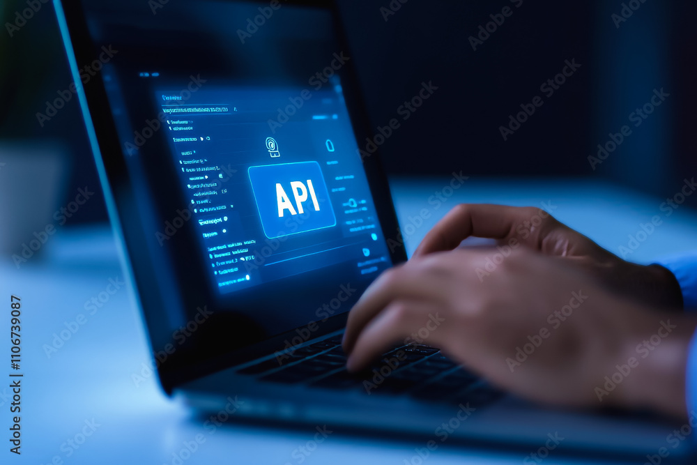 Poster close-up of hands on laptop with api interface on screen