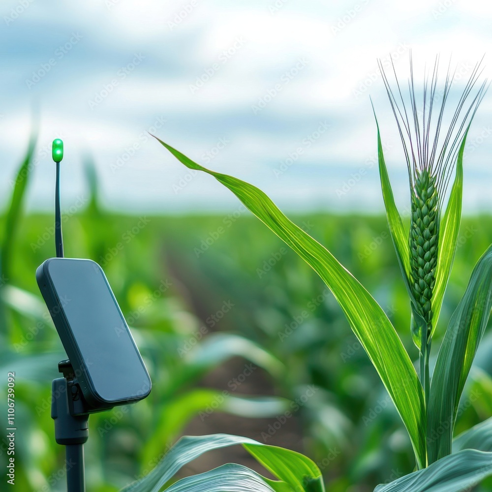 Aufkleber a pole with a device on top of it is in a field of corn
