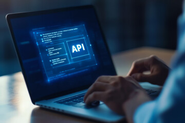 Developer integrating api on laptop in dark environment
