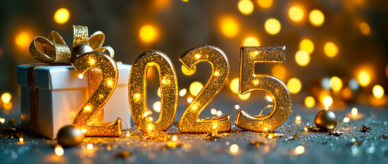 illuminated golden numerals 2025 with gift ornaments