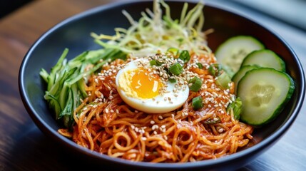 A tempting plate of Korean bibim guksu, spicy cold noodles mixed with vegetables, boiled egg