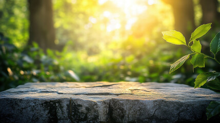 Fototapeta premium natural stone in serene forest setting, surrounded by lush greenery and soft sunlight filtering through trees, creating peaceful atmosphere