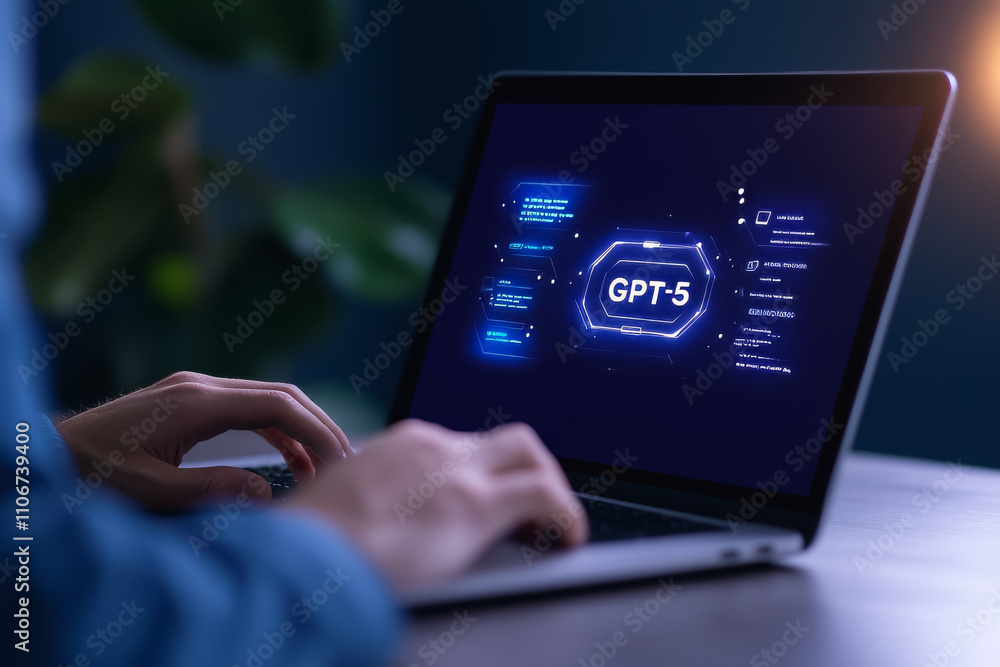 Poster hands typing on laptop with gpt-5 displayed on screen in dark room