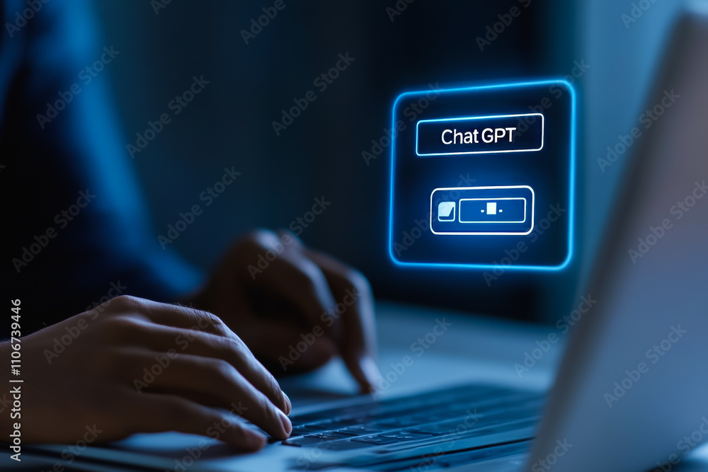 Poster person using ai chatbot on laptop in low light setting