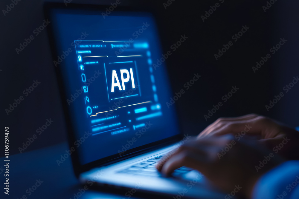 Poster hands typing on laptop with api interface on screen in dark room