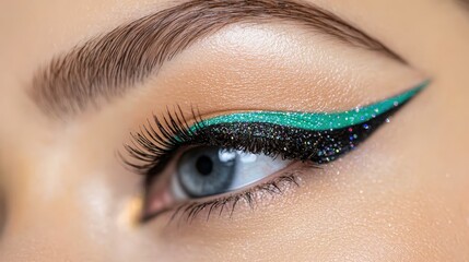 Obraz premium Close up Eye Makeup Glittery Teal Black Liner Eyelashes Beauty