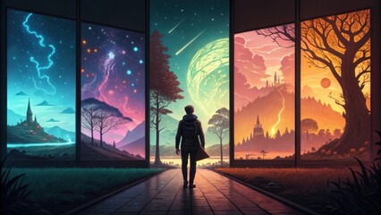 Fototapeta premium A visually striking representation of an AI interpreting a classic tale creating alternative endings depicted in colorful digital art.