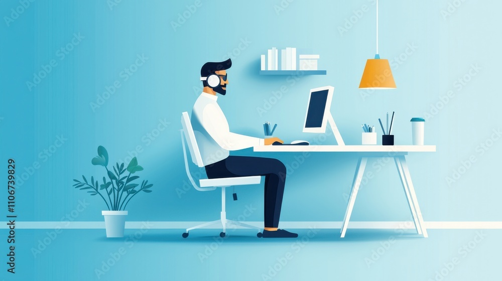 Poster a woman is sitting at a desk with a computer monitor and a keyboard