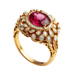 A close-up showcases a gold ring adorned with a vibrant ruby and a cluster of sparkling diamonds, exhibiting exquisite detail and craftsmanship.