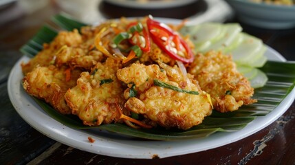 Delicious Crispy Fried Bakwan Jagung Indonesian Street Food Corn Fritters on Banana Leaf Plate