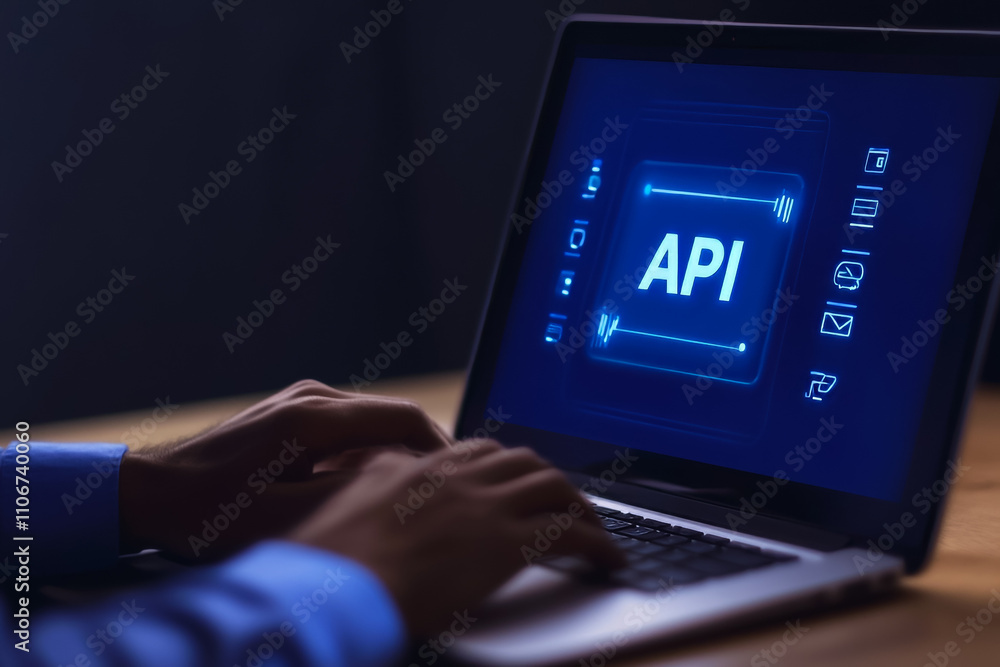 Poster close-up of male hands typing on laptop with api interface displayed on screen