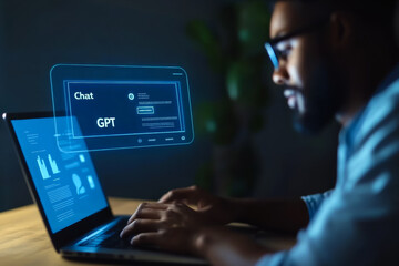 African male using laptop featuring ai chatbot interface at night