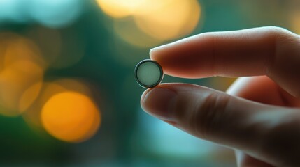 A hand holding a small circular object against a blurred background of warm lights.