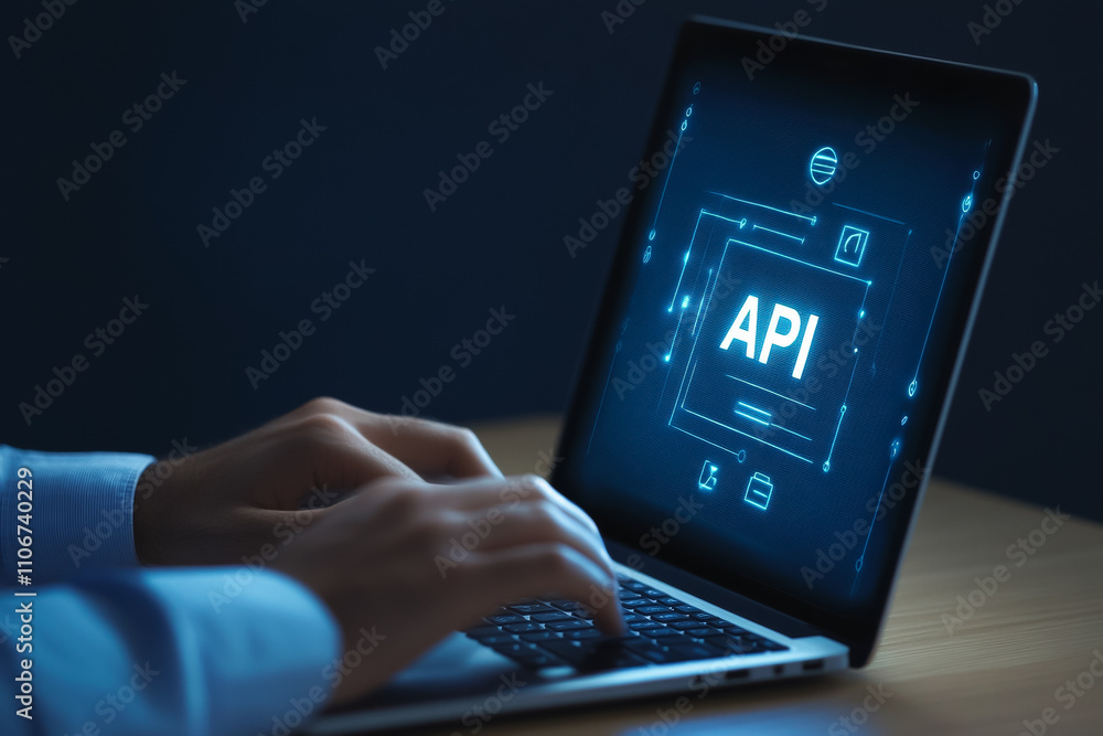Poster close-up of hands typing on laptop with api interface on screen