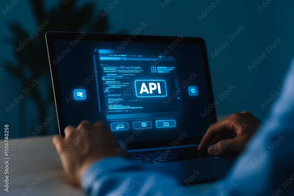 Poster male using laptop with api interface in dimly lit setting