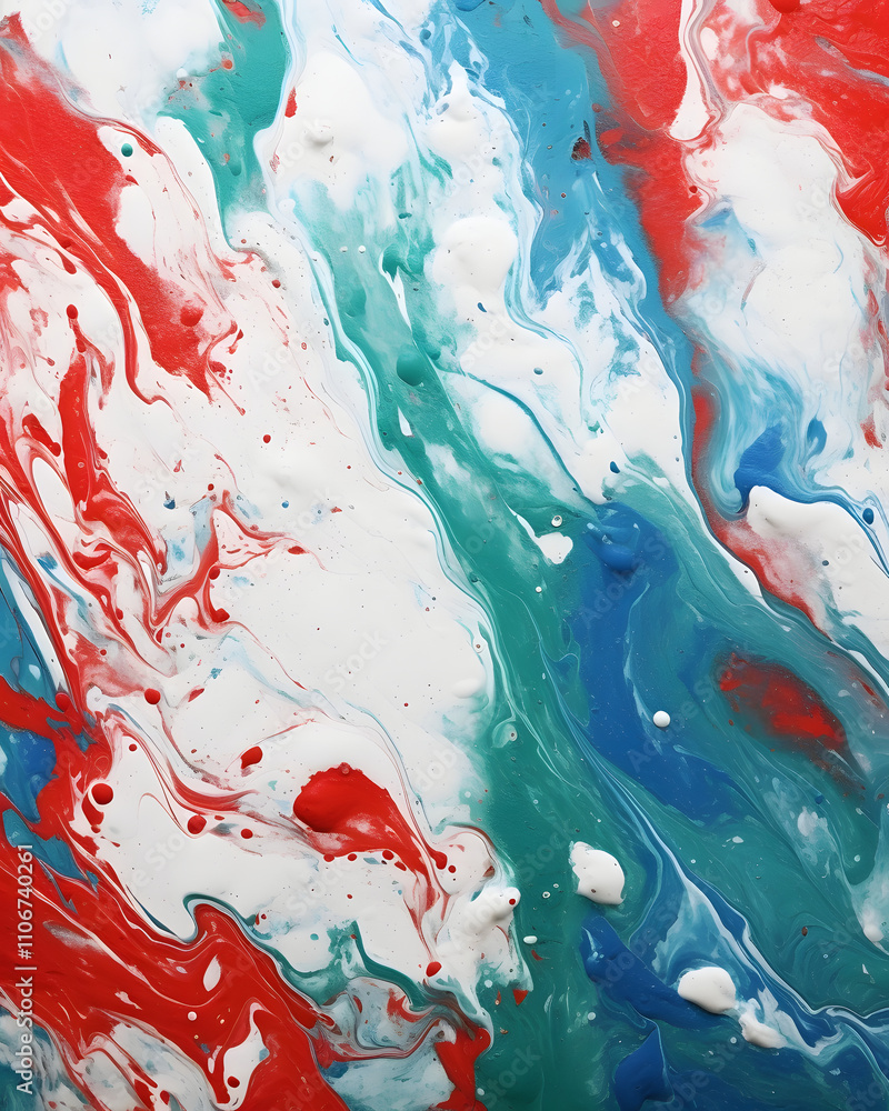 Poster a vibrant abstract swirl of red, white, blue, and green paint creating a dynamic visual effect.