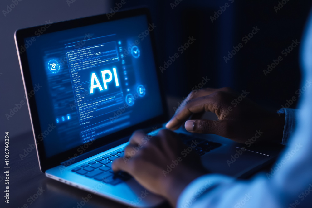 Poster young african male programmer coding api on laptop in dark room