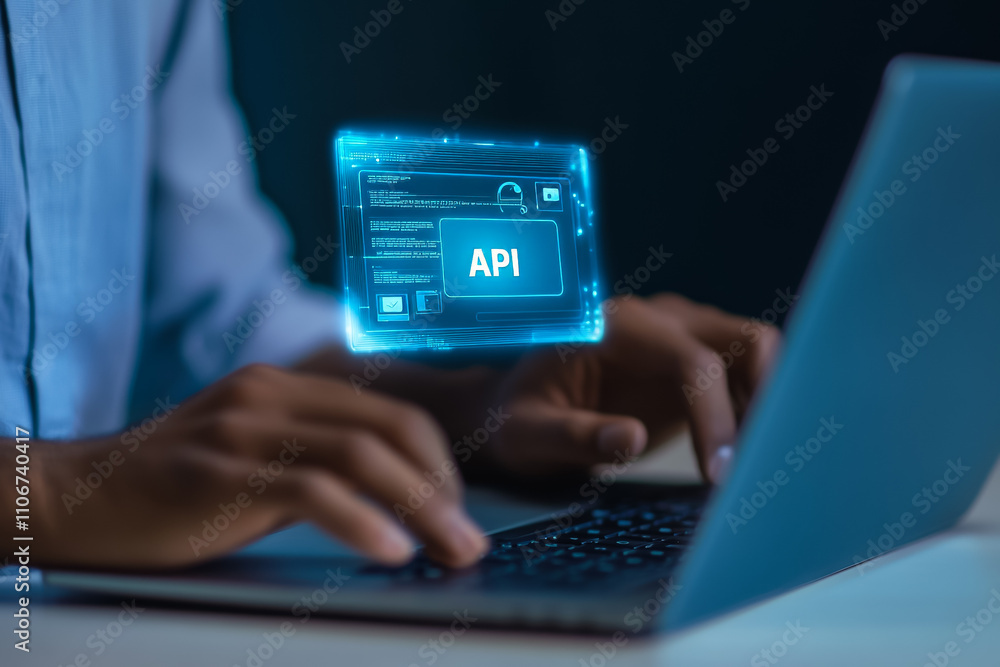 Poster person using laptop with api interface hologram technology