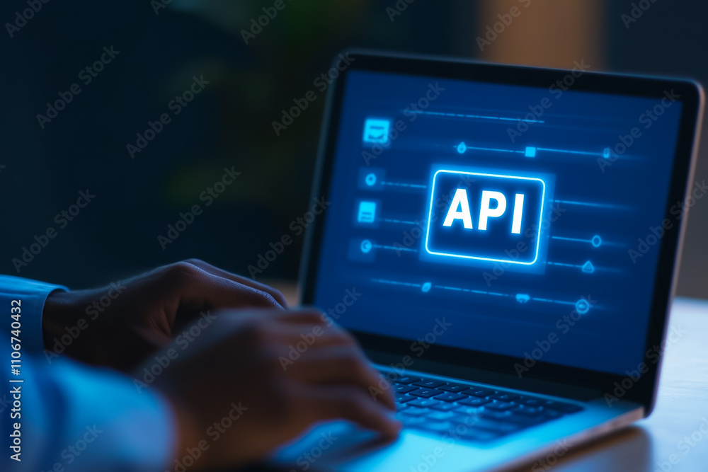 Poster caucasian male using laptop with api interface displayed on screen at night