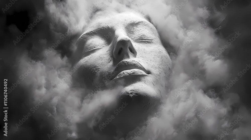 Wall mural a serene, sculpted face emerges from a cloud of dust, evoking themes of transformation and ethereali