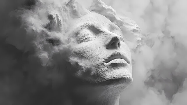 A serene, sculpted face emerges from a cloud of dust, evoking themes of transformation and ethereality in a monochromatic setting. Ethereality. Illustration