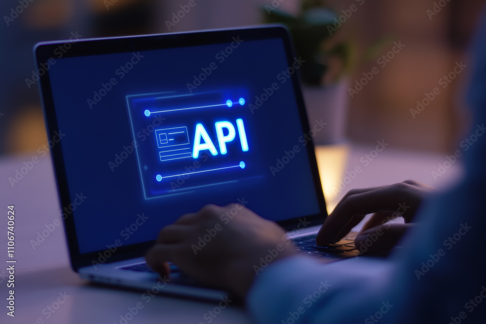 Poster api development: hands typing on laptop in dimly lit room