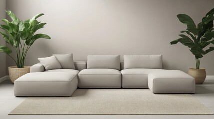 Fototapeta premium Spacious Living Room with Grey Sofa and Plants