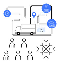 Truck on delivery route mapped with GPS marker stopwatch factory, warehouse icons. Ideal for logistics, distribution, delivery, shipping, supply chain, transportation, and time management. Line