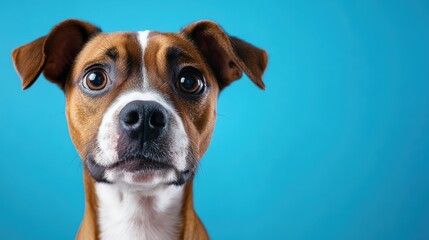 Close-up portrait of a curious brown and white dog on blue backdrop