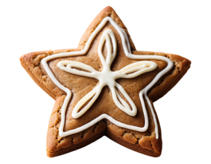 Star-Shaped Christmas Cookie with White Icing Snowflake Design on Transparent Background, Festive Holiday Treats. 