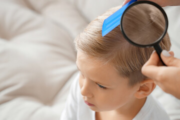 Mother with magnifier brushing her little son's hair with pediculosis at home, closeup
