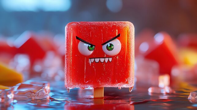 Angry Red Ice Pop Character on Melting Surface with Ice Cubes