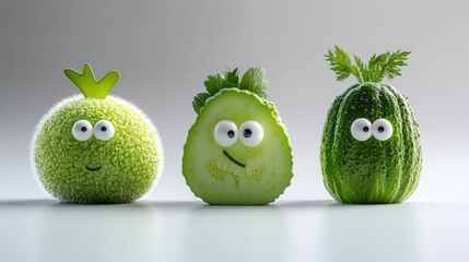 Fun and Playful Green Vegetables with Cute Faces and Expressions
