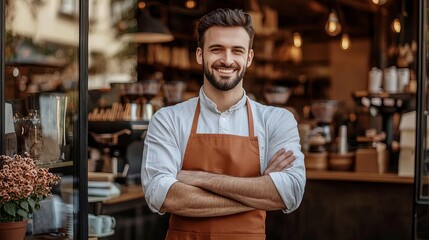 Obraz premium A confident barista stands in front of a cozy coffee shop, showcasing excellent customer service and a warm atmosphere. Perfect for business concepts.