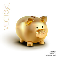 3d golden piggy bank in minimal style with shining effect, isolated on background. Saving piggy bank icon in 3d vector. Vector illustration