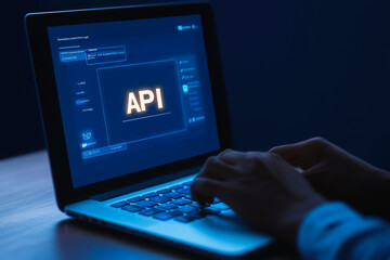 Hands typing on laptop with api code interface at night
