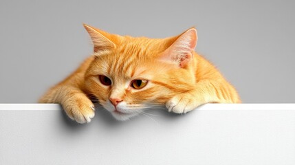 Curious orange cat peeking over white surface in studio setting