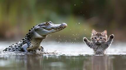 Obraz premium A playful kitten interacts with a crocodile in a shallow body of water.