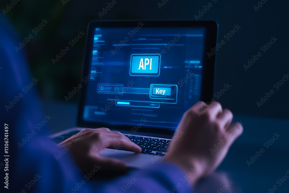 Poster person interacting with api interface on laptop screen in low light environment