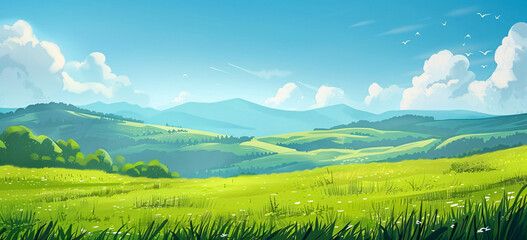 A banner showcasing a hilly landscape with lush green grass and a clear blue sky in 4K resolution.