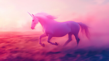 Blurry pink unicorn in motion captured by drone photography amidst a dreamy landscape of soft colors and ethereal light, evoking a sense of whimsy and fantasy. Ethereality. Illustration