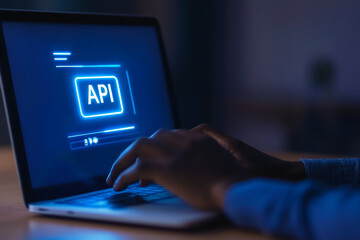 Person accessing api on laptop in dark room