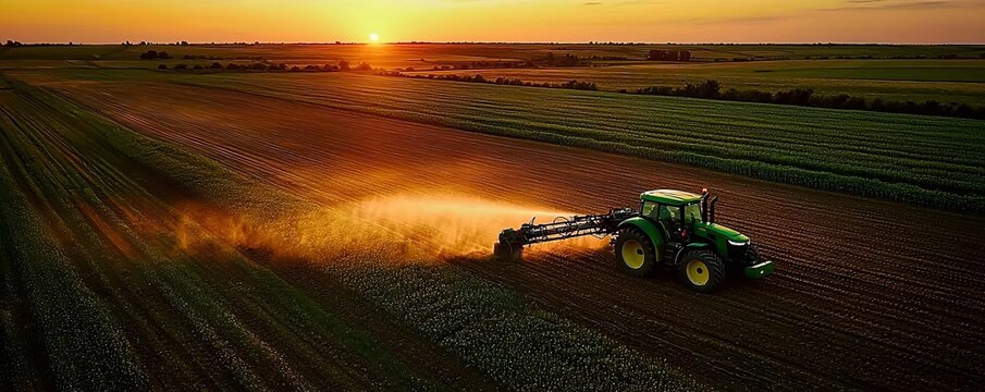 Aerial view of a green tractor plowing a field during sunset, showcasing agricultural practices and the beauty of rural landscapes.