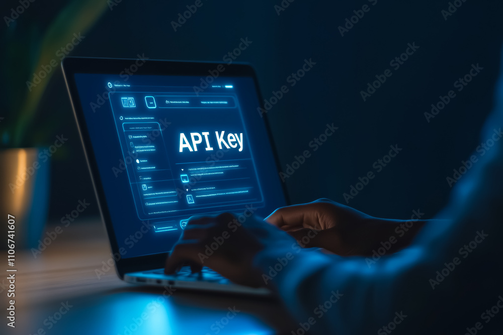 Poster person typing on laptop with api key displayed on screen in dark room